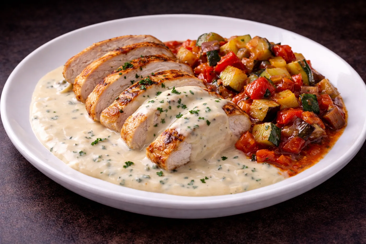 Piept de curcan cu sos quattro formaggi și ratatouille de legume