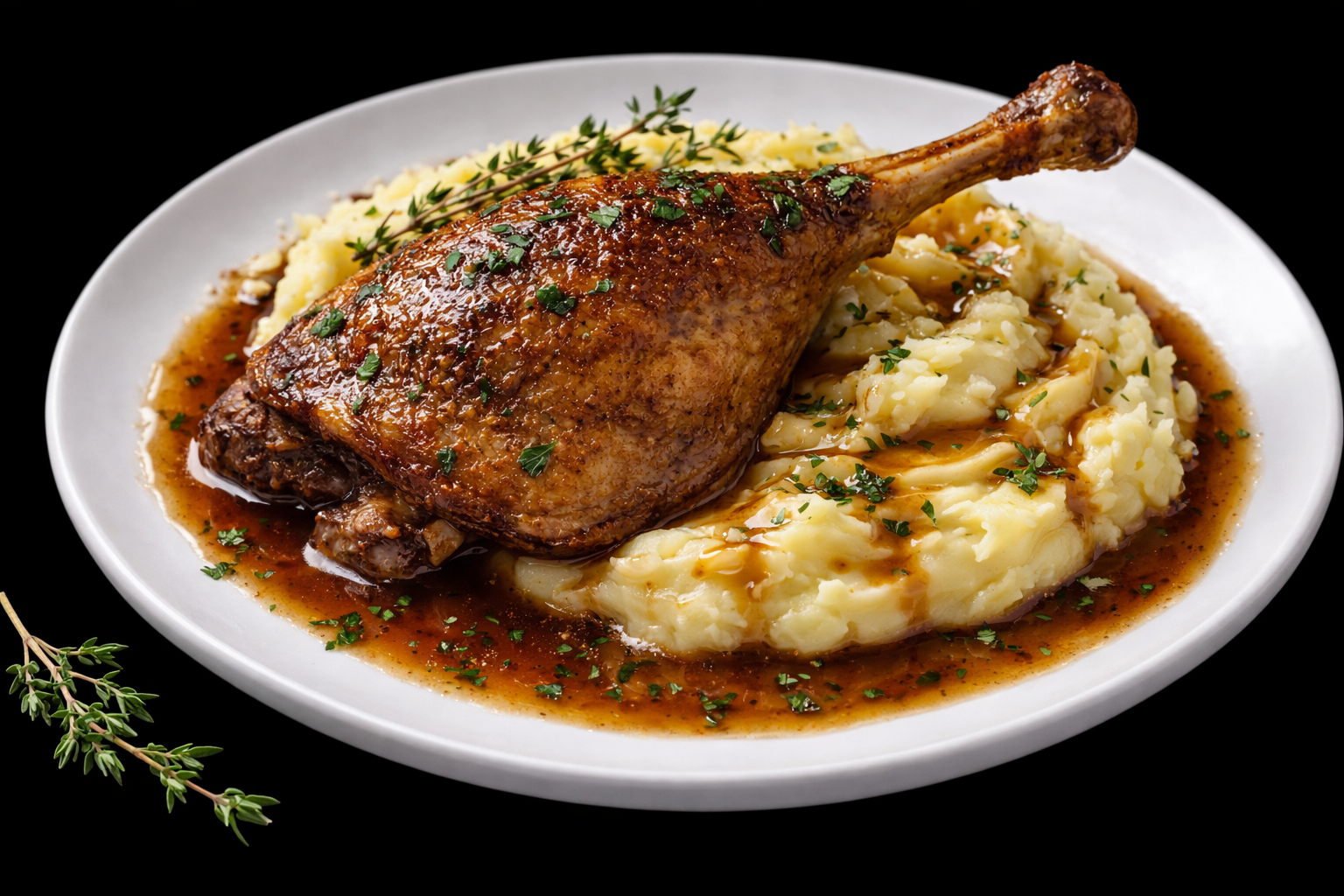 Pulpă de rață confiată cu cremă de cartofi și sos